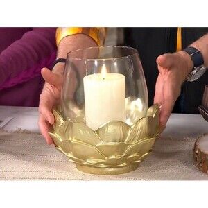 10" Magnolia Leaf Glass Hurricane w/Ribbed Candle by Kim Gravel - Gold Color